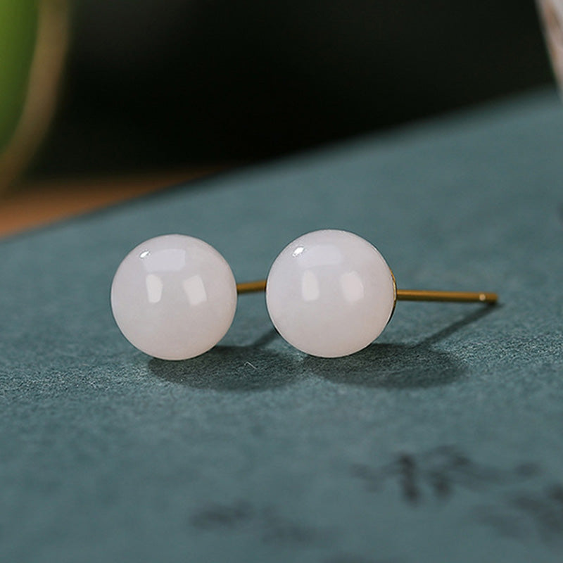 Karma Stone 925 Sterling Silver Round White Jade Blessing Stud Earrings