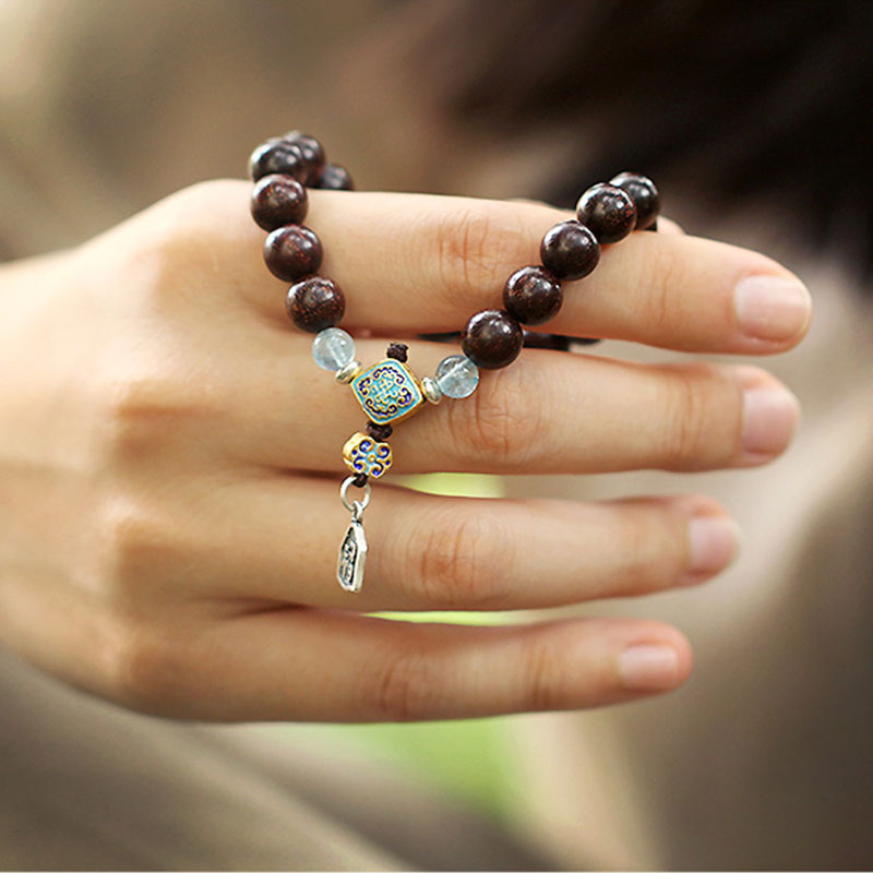 Karma Stone 925 Sterling Silver Indian Small Leaf Red Sandalwood Aquamarine Full of Gold Star Chinese Knotting Blessing Bracelet
