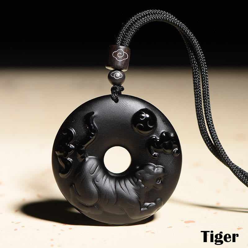 Karma Stone Chinese Zodiac Natural Black Obsidian Peace Buckle Strength Necklace Pendant
