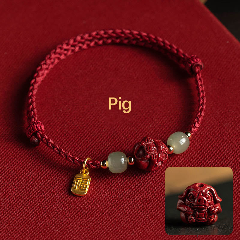 Karma Stone Natural Cinnabar Chinese Zodiac Hetian Jade Fu Character Luck Rope Bracelet