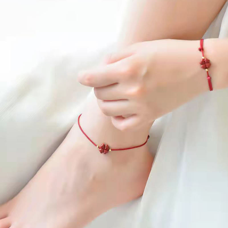 Karma Stone Natural Cinnabar Four Leaf Clover Blessing Red String Bracelet Anklet