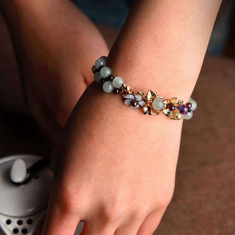 Karma Stone Green Aventurine Garnet Bead Flower Petal Luck Bracelet