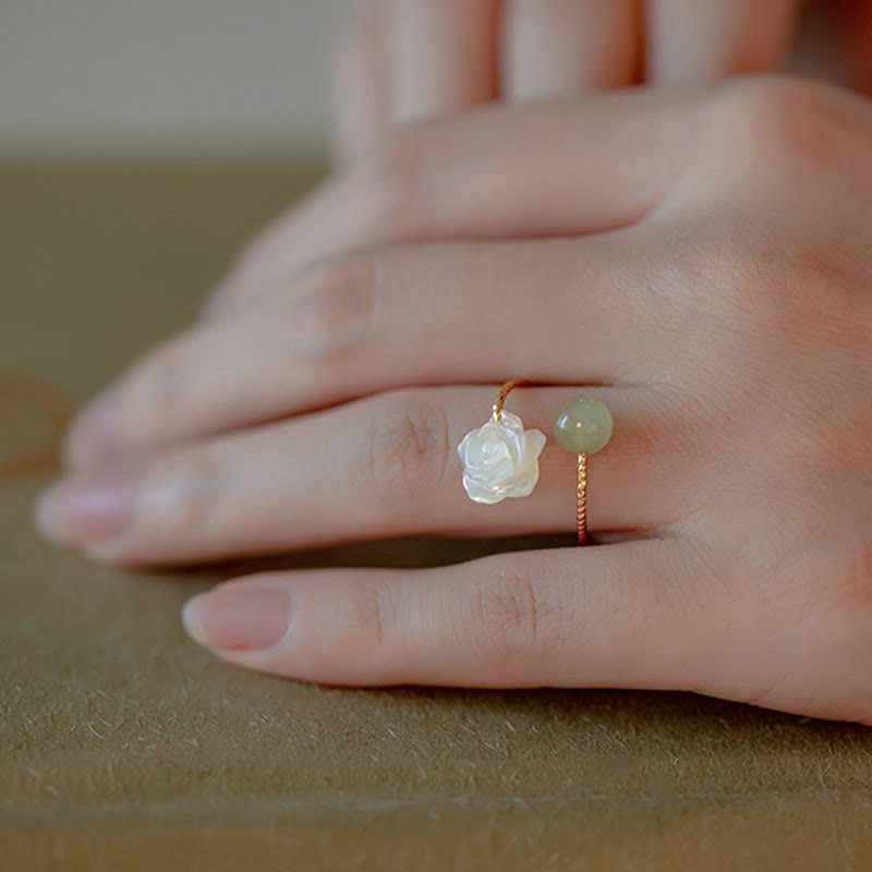 Karma Stone 14K Gold Plated Tridacna Stone Rose Flower Jade Bead Blessing Ring