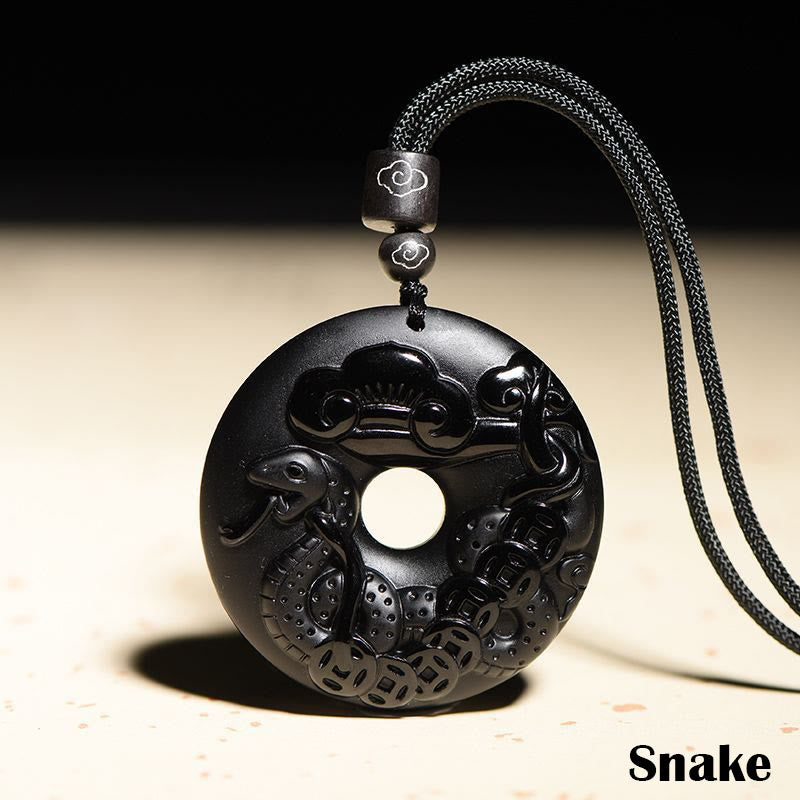 Karma Stone Chinese Zodiac Natural Black Obsidian Peace Buckle Strength Necklace Pendant