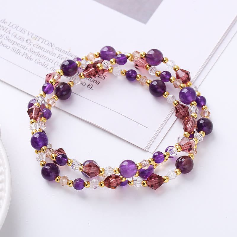 Karma Stone Natural Tourmaline Strawberry Quartz Amethyst Peace Wisdom Double Wrap Bracelet