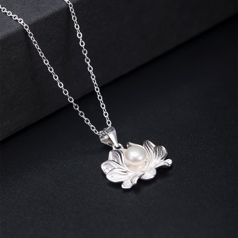 Karma Stone 925 Sterling Silver Lotus Flower Pearl Wealth Necklace Pendant