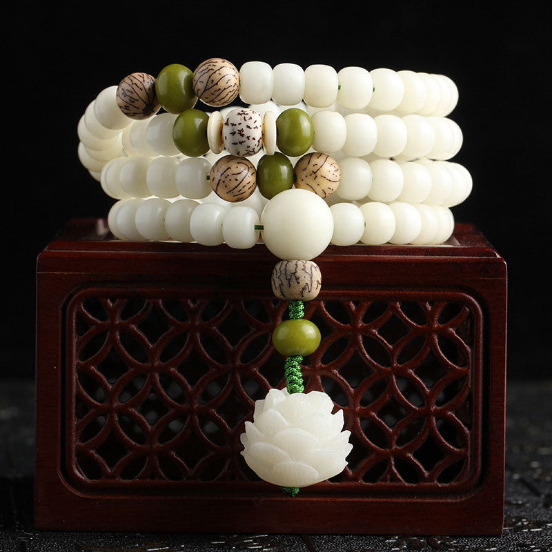 Karma Stone White Jade Bodhi Lotus Mala Harmony Necklace Bracelet