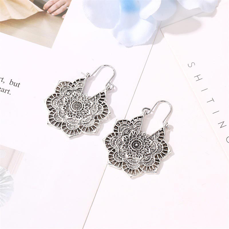 Karma Stone Tibetan Lotus Engraving Copper Blessing Drop Earrings