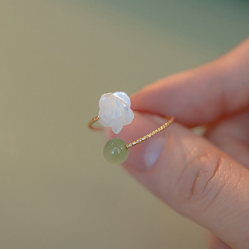 Karma Stone 14K Gold Plated Tridacna Stone Rose Flower Jade Bead Blessing Ring