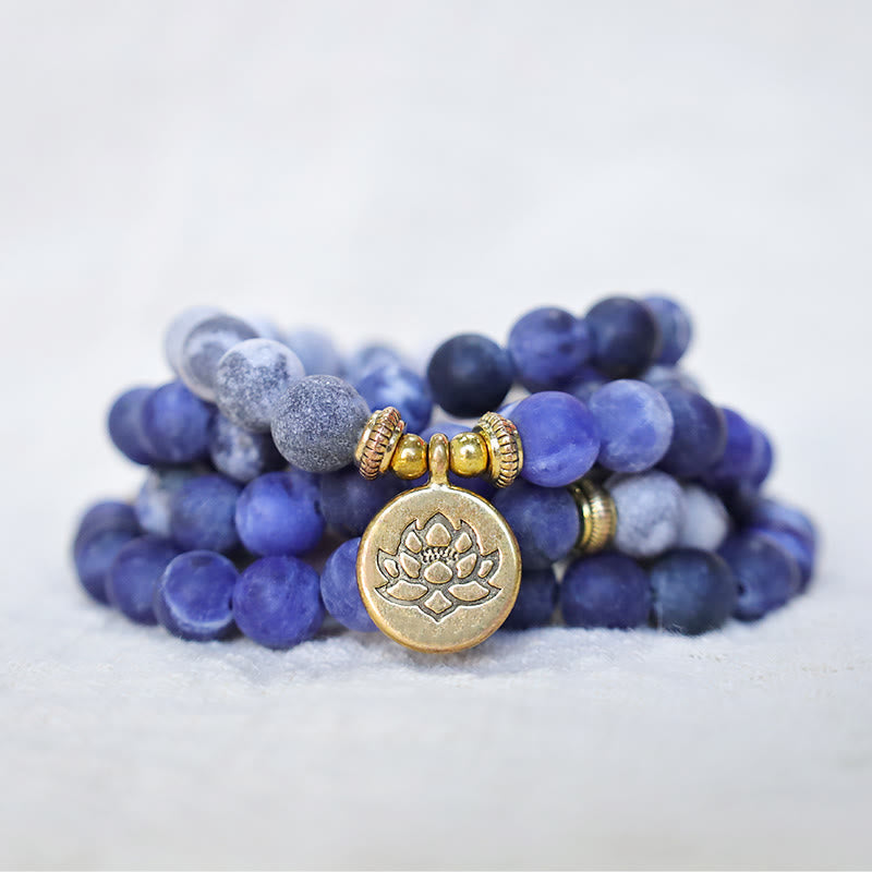 Karma Stone 108 Natural Picasso Jasper & Blue Stone Mala Bead Lotus Pendant Bracelet Necklace