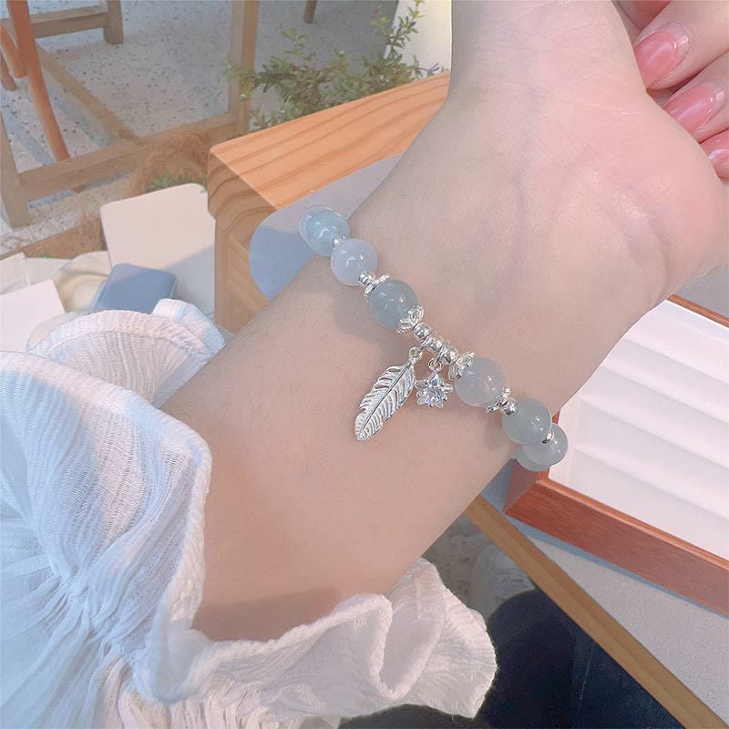 Karma Stone 925 Sterling Silver Aquamarine Cat's Eye Healing Feather Star Charm Bracelet