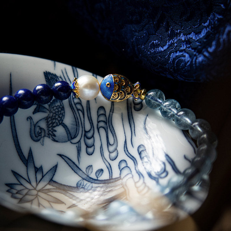 Karma Stone Natural Aquamarine Lazurite Fish Healing Bracelet