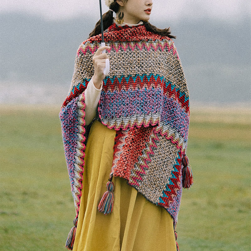 Karma Stone Tibetan Shawl Knitting Warm Cloak Tibetan Tassel Scarf