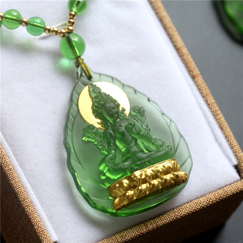 Karma Stone Tibetan Green Tara Buddha Gold Plated Liuli Crystal Protection Necklace Pendant