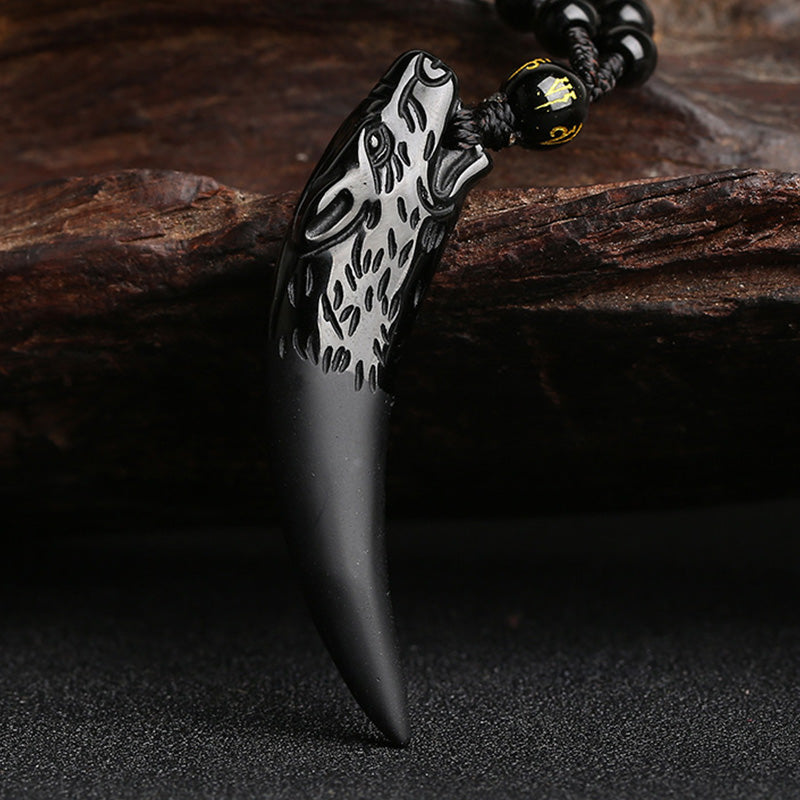 Karma Stone Natural Ice Obsidian Wolf Tooth Pattern Courage Necklace Pendant
