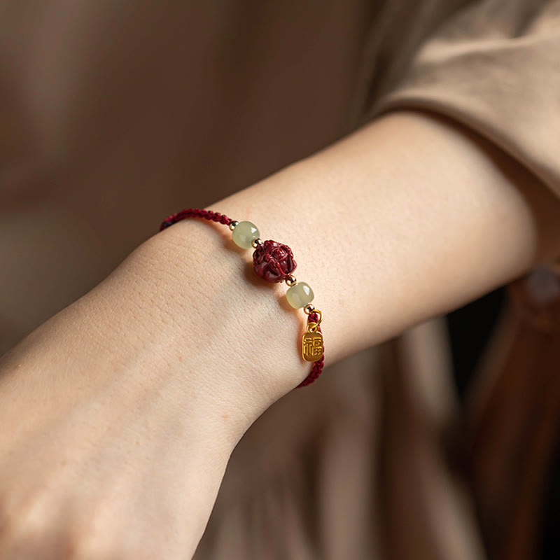 Karma Stone Natural Cinnabar Chinese Zodiac Hetian Jade Fu Character Luck Rope Bracelet