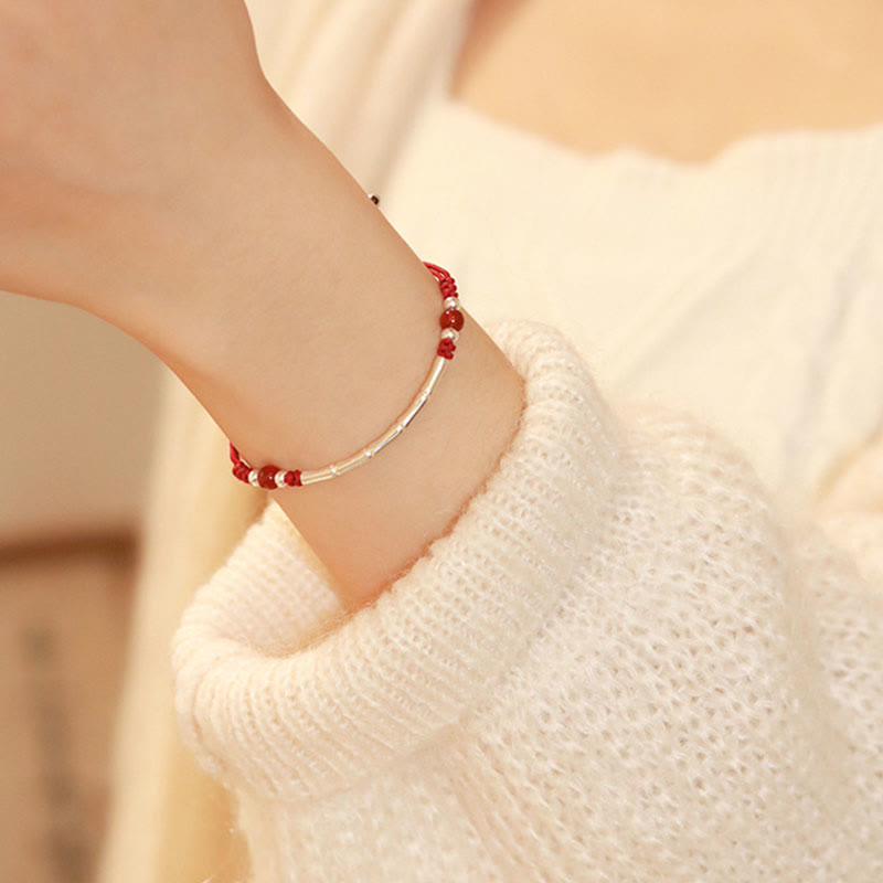 Karma Stone 925 Sterling Silver Bamboo White Agate Red Agate Bead Protection String Braided Bracelet