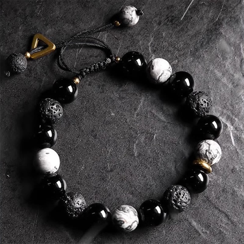 Karma Stone Black Obsidian Lava Rock Stone Yin Yang Strength Bracelet