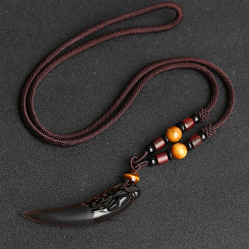 Karma Stone Natural Ice Obsidian Wolf Tooth Pattern Courage Necklace Pendant