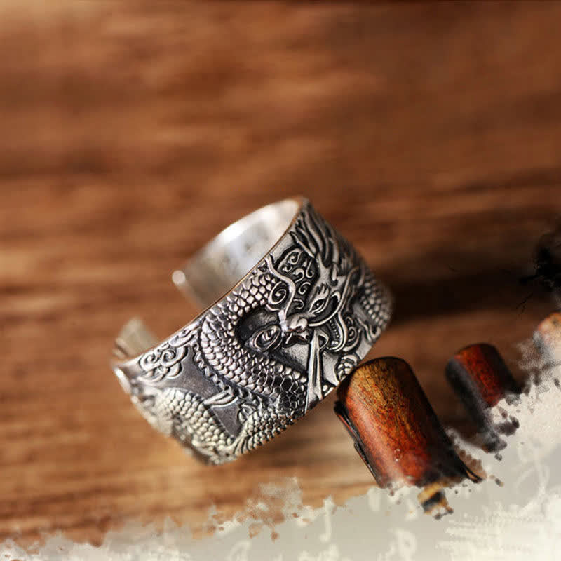 Karma Stone 999 Sterling Silver Dragon Carved Pattern Protection Success Ring