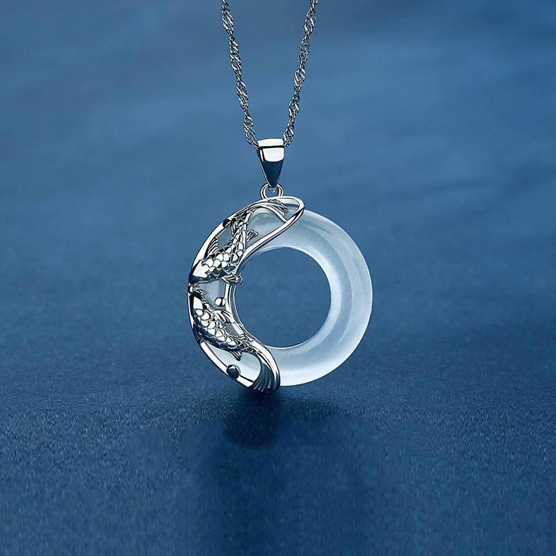 Karma Stone Natural White Jade Koi Lucky Necklace