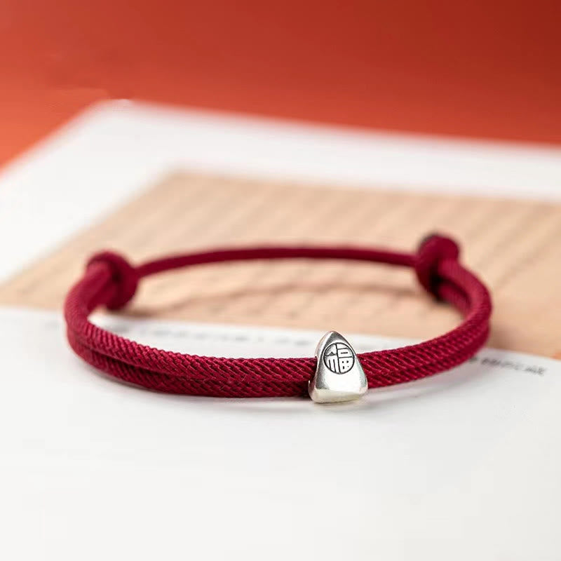 Karma Stone 925 Sterling Silver Fu Character Blessing Handmade Braided Bracelet
