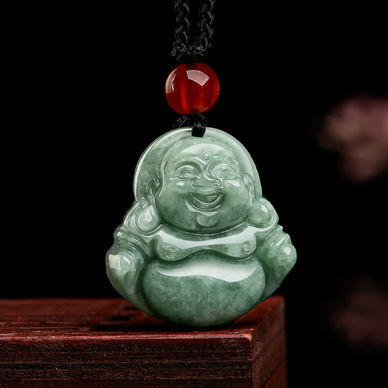 Karma Stone Natural Green Jade Laughing Buddha Luck Abundance Necklace Pendant