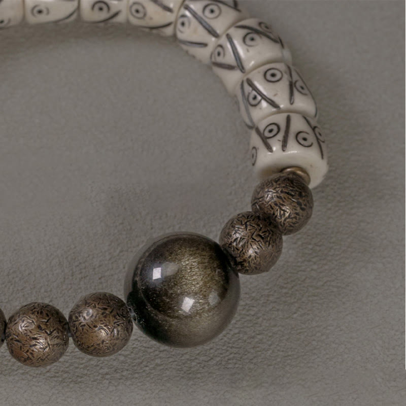 Karma Stone Tibetan Yak Bone Gold Sheen Obsidian Brass Bead Strength Bracelet