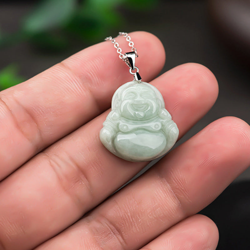 Karma Stone 925 Sterling Silver Laughing Buddha Jade Blessing Necklace Chain Pendant