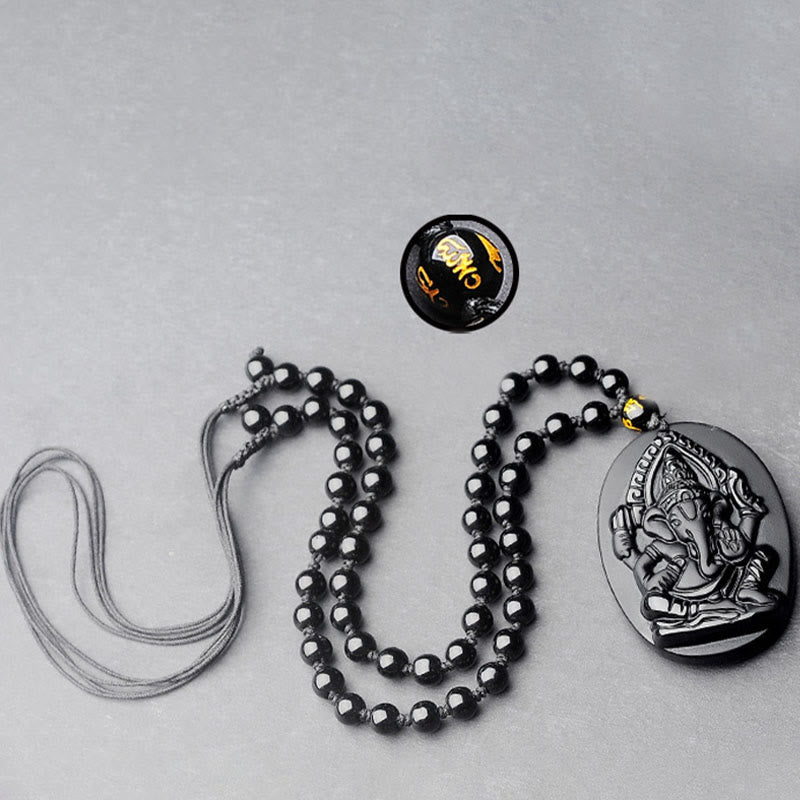 Karma Stone Tibetan Obsidian Ganesh Ganpati Elephant Wealth Amulet Necklace