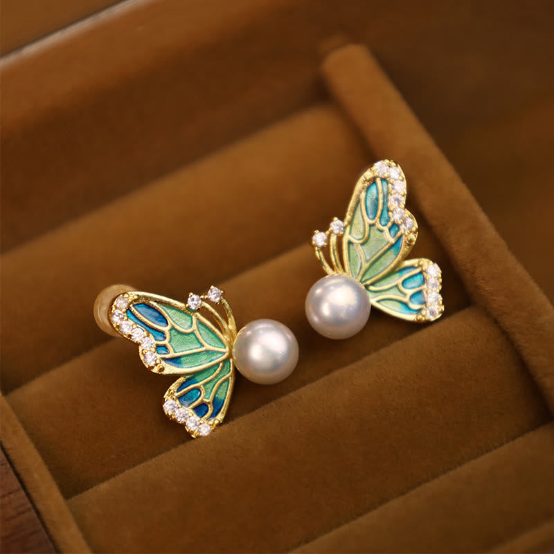 Karma Stone 925 Sterling Silver Posts 18K Gold Plated Copper Natural Pearl Butterfly Healing Stud Earrings