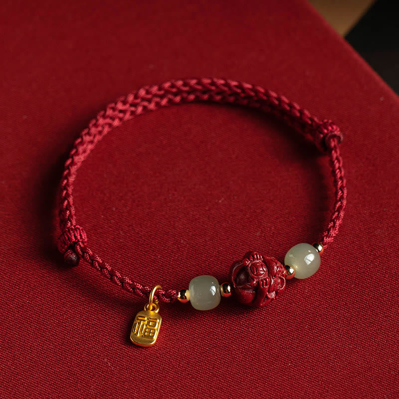 Karma Stone Natural Cinnabar Chinese Zodiac Hetian Jade Fu Character Luck Rope Bracelet