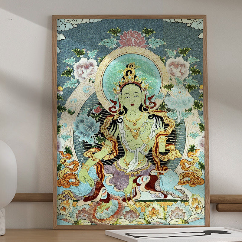 Karma Stone Tibetan Embroidery White Tara Thangka Tapestry Wall Hanging Wall Art Meditation for Home Decor