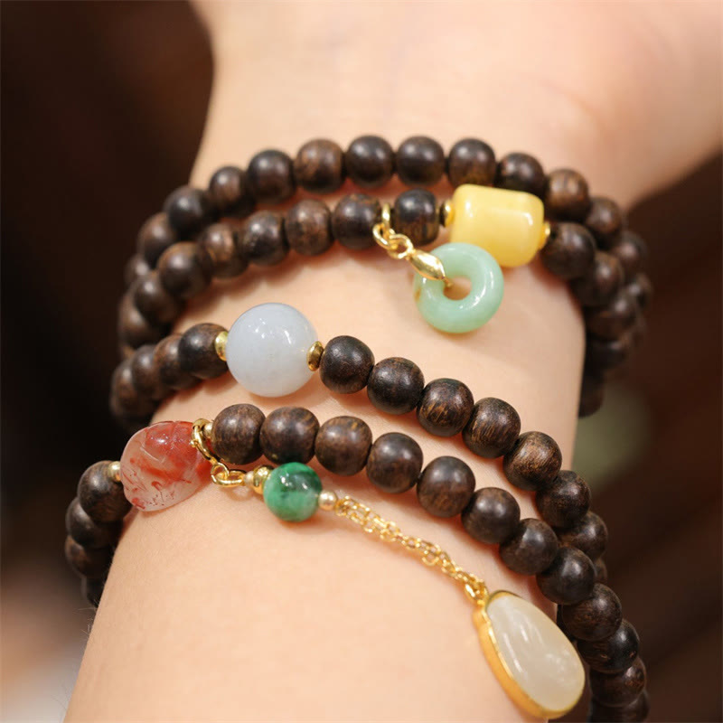 Karma Stone 108-Bead Wooden  Rosary Bracelet Brunei Agarwood, Amber, Red Agate, Peace Knot, Jade Peace Bracelet