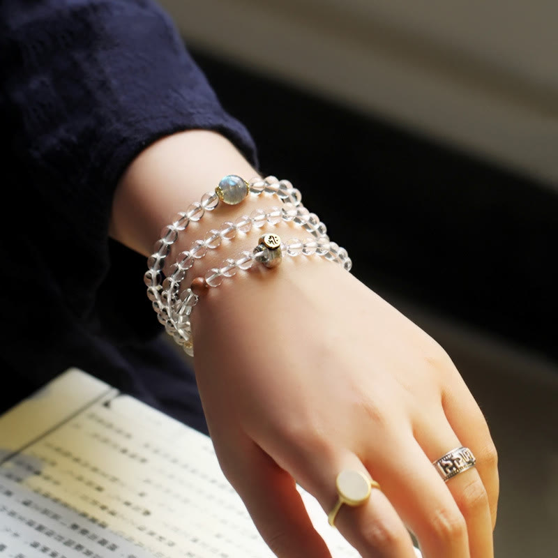 Karma Stone 925 Sterling Silver Chinese Zodiac Natal Buddha White Crystal Meditation Triple Wrap Bracelet
