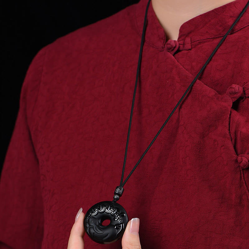 Karma Stone Chinese Zodiac Natural Black Obsidian Peace Buckle Strength Necklace Pendant