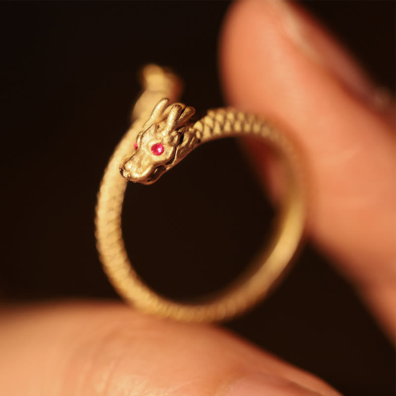Karma Stone 925 Sterling Silver Vintage Year of the Dragon Luck Protection Strength Adjustable Ring