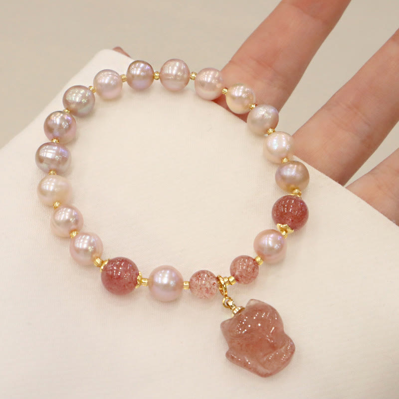 Karma Stone Natural Pearl Strawberry Quartz Cute Fox Love Healing Charm Bracelet