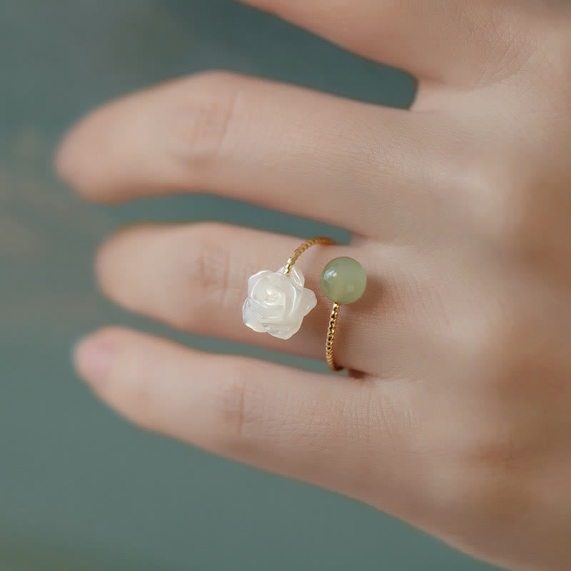 Karma Stone 14K Gold Plated Tridacna Stone Rose Flower Jade Bead Blessing Ring
