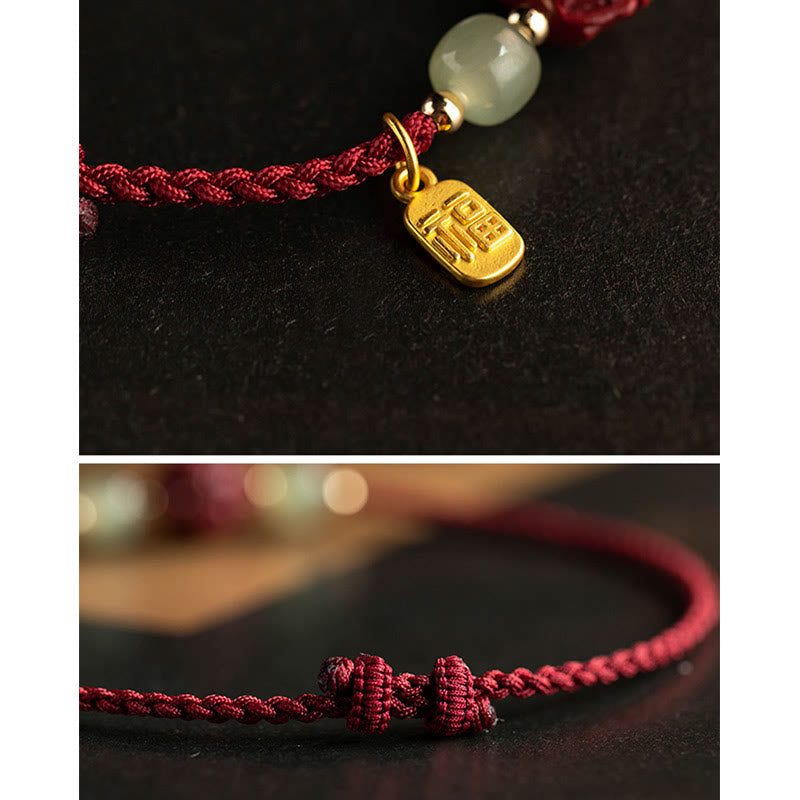 Karma Stone Natural Cinnabar Chinese Zodiac Hetian Jade Fu Character Luck Rope Bracelet