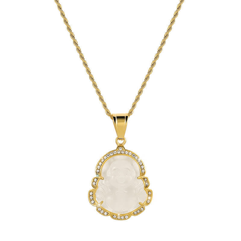 Karma Stone 18K Gold Filled Laughing Buddha Jade Luck Necklace Chain Pendant