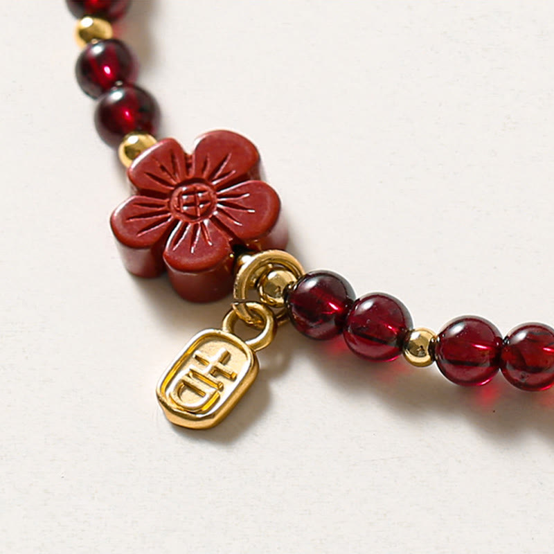 Karma Stone 14K Gold Natural Garnet Cinnabar Flower Calm Bracelet