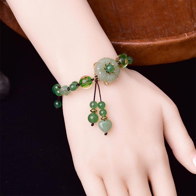 Karma Stone Natural Green Jade Luck Dangling Flower Bracelet