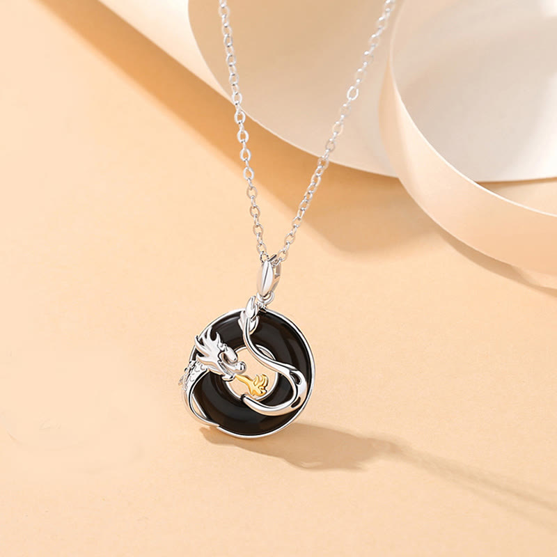 Karma Stone 925 Sterling Silver Year of the Dragon Natural Black Onyx Chalcedony Dragon Phoenix Peace Buckle Protection Necklace Pendant