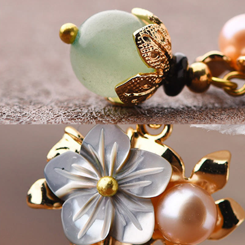 Karma Stone 14K Gold Plated Tridacna Stone Flower Pearl Green Aventurine Bead Drop Earrings