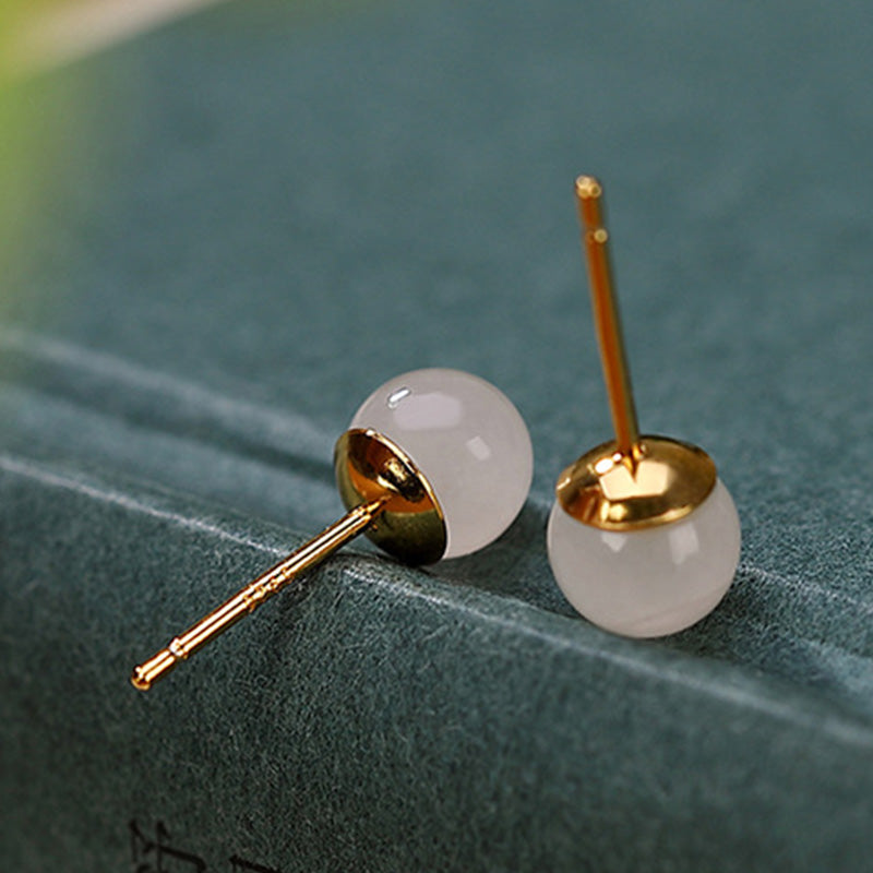 Karma Stone 925 Sterling Silver Round White Jade Blessing Stud Earrings