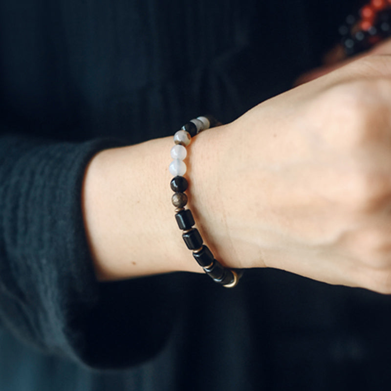 Karma Stone Ebony Wood Red Jasper Moss Agate Crystal Copper Peace Couple Bracelet