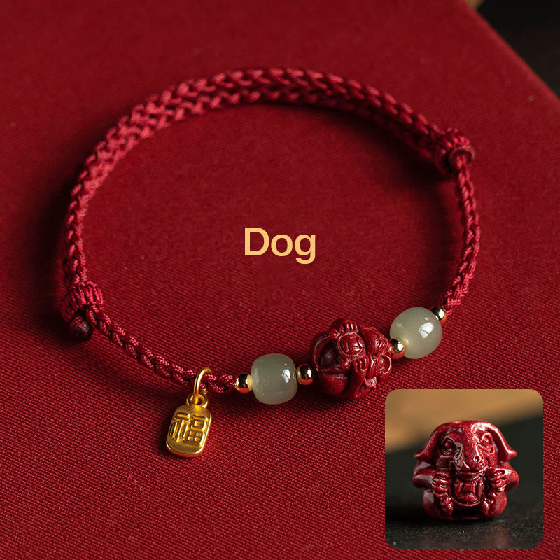 Karma Stone Natural Cinnabar Chinese Zodiac Hetian Jade Fu Character Luck Rope Bracelet