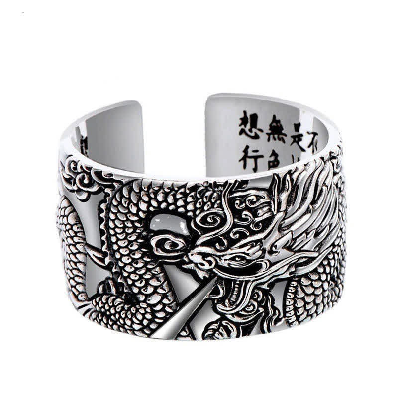 Karma Stone 999 Sterling Silver Dragon Carved Pattern Protection Success Ring