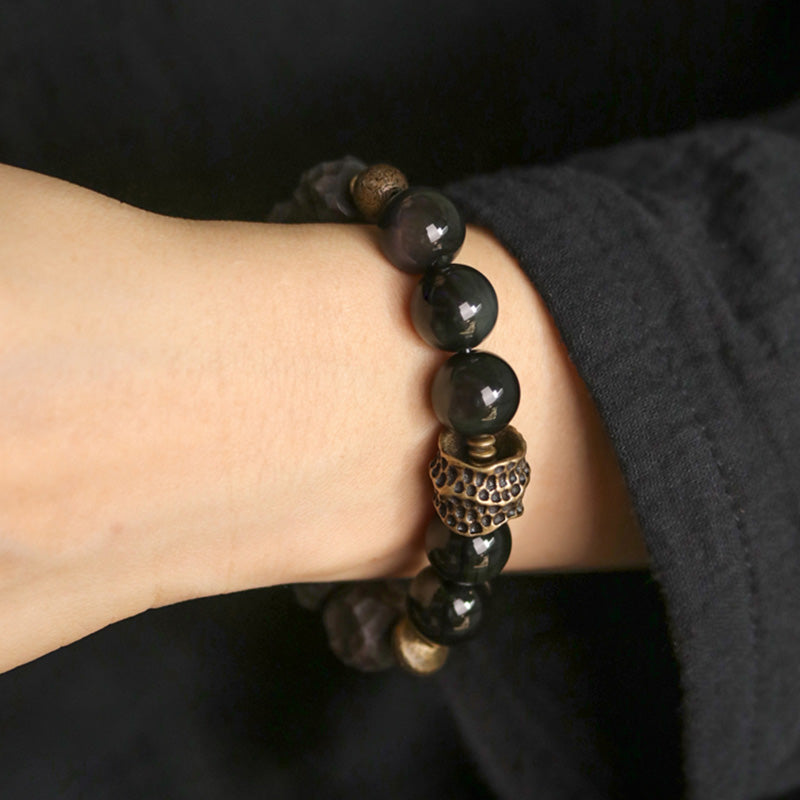 Karma Stone Black Obsidian Ebony Wood Copper Strength Couple Bracelet